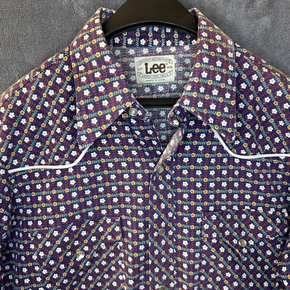 Vintage Lee Western Shirt Mens M Floral Pearl Snap Extra Long Tails Made in USA